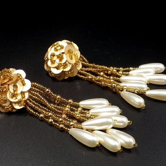 Vintage Gold Sequin Bead Dangle Earrings, Long Tassel Pearl Drop Clip On Jewelry - Picture 7 of 8